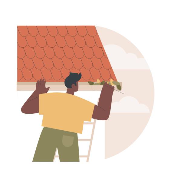 Gutter cleaning abstract concept vector illustration. Home maintenance, rooftop, construction business, roof repair, power wash, leaf and moss removal, downspout pipe, autumn abstract metaphor.